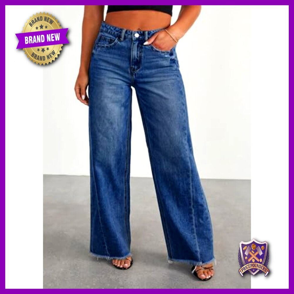 Plus Size Wide Leg Jeans Elastic High Waist Stretchy Raw Hem Denim Pants - Picture 3 of 7
